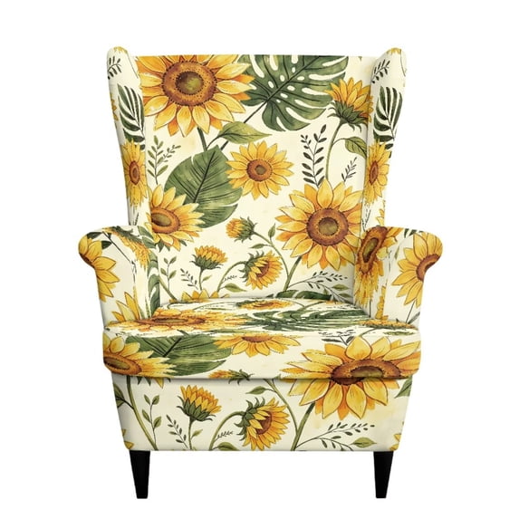 Qpednta Sunflower Print Wingback Chair Covers, 2‑Pack Wing Chair Slipcover with Separate Cushion, Elastic Anti‑Scratch Furniture Protector for Hotel Apartment