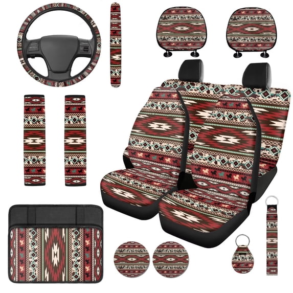 Qpednta Tribal Aztec 14 Pieces Auto Seat Cover Sets with Cars Headrest Cover and Steering Wheel Cover and Auto Seat Belt Cover Armrest Cover Car Water Cup Pad Keychain Soft for Car SUV