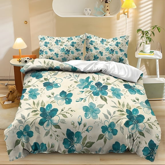 Qpednta Turquoise Floral Comforter Set, All-Season Bedding Set, Soft Microfiber 3 Pieces Comforter Set, Bedding Set with 2 Matching Pillow Shams, Bedroom Decor