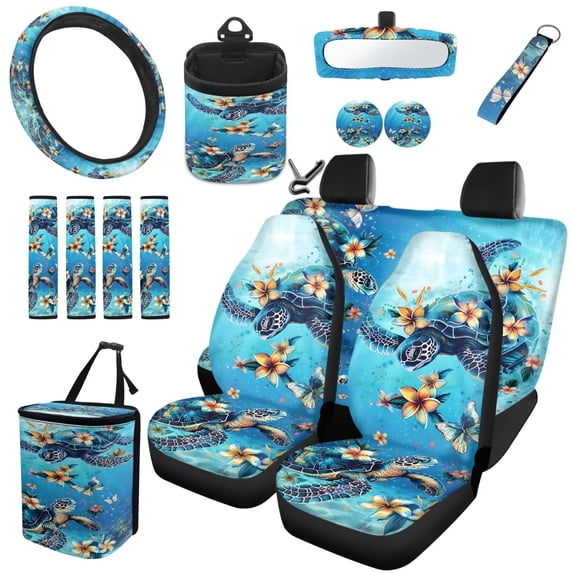 Qpednta Universal Floral Turtle Seat Covers Set 15Pcs Steering Wheel Cover, Fashion Auto Interior Kit, Seatbelt Covers, Garbage Can, Cup Coasters, Air Vent Storage, Easy to Clean, Fits Trucks SUV