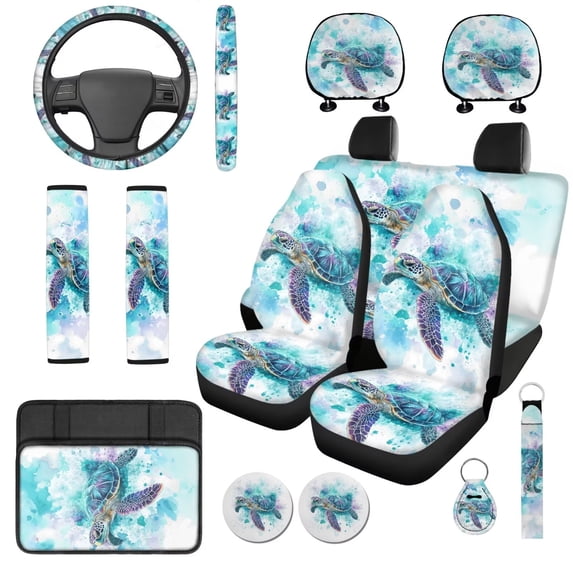 Qpednta Watercolor Turtle 14 Pcs Automobile Seat Cover Sets and Car Headrest Cover Cars Steering Wheel Cover Center Console Cover Car Water Cup Coaster Elastic Soft Suitable for Cars SUVs
