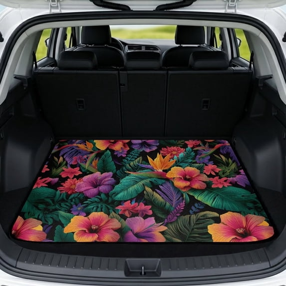 Qpednta Waterproof Tropical Hibiscus Trunk Liner 29"x39" Cargo Mat for SUV, Polyester Carpet Non-Slip Backing Machine Washable Dustproof Rear Trunk Protector Universal Fits Car Truck