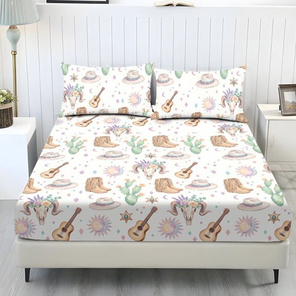 Qpednta Western Pattern Fitted Sheet Set, Lightweight Easy Care 3 Pieces Fitted Sheet Set with 2 Pillowcases, Breathable Elastic Band Bedding Cover Set for Bedroom Decor