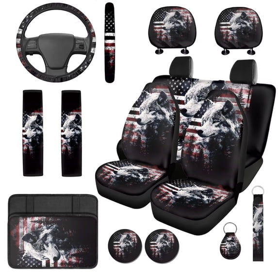 Qpednta Wolf US Flag 14 Pack Automotive Seat Cover Car Steering Wheel Accessories and Headrest Cover Center Console Cover Seat Belt Pads Keychain Soft Easy to Install Suitable for Car SUV