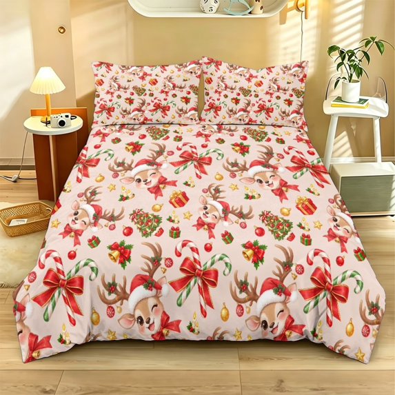 Qpednta Xmas Deer Bow Duvet Cover Set, Lightweight Bedding Set, Washable Comforter Cover, 3 Pieces Full Bedding Comforter Sets, Bedroom Decor for Guest Room Dormitory