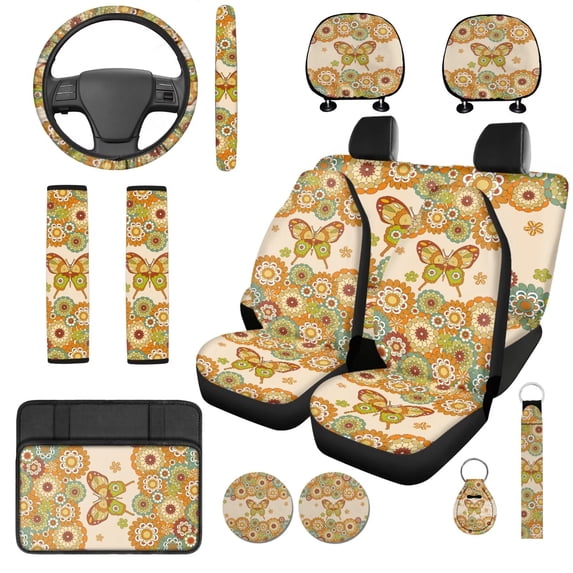 Qpednta Yellow Butterfly Floral 14 Pcs Auto Seat Cover Sets and Car Headrest Cover Cars Steering Wheel Cover Center Console Cover Seat Belt Pads Keychain Elastic Soft Suitable for Cars SUVs