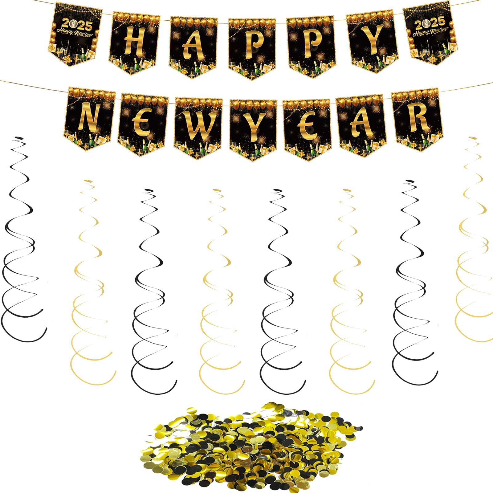 2025 New Year's Eve Party Supplies Kit - 36 Pieces For 12 Guests, Hats, Glasses, Noise Makers, Black Gold Silver