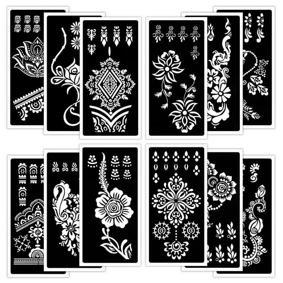 Qpout Tattoo Stencils, 12 Sheets Henna Temporary Tattoo Stencil Kit Reusable Tattoo Stickers for Face Paint Body Art
