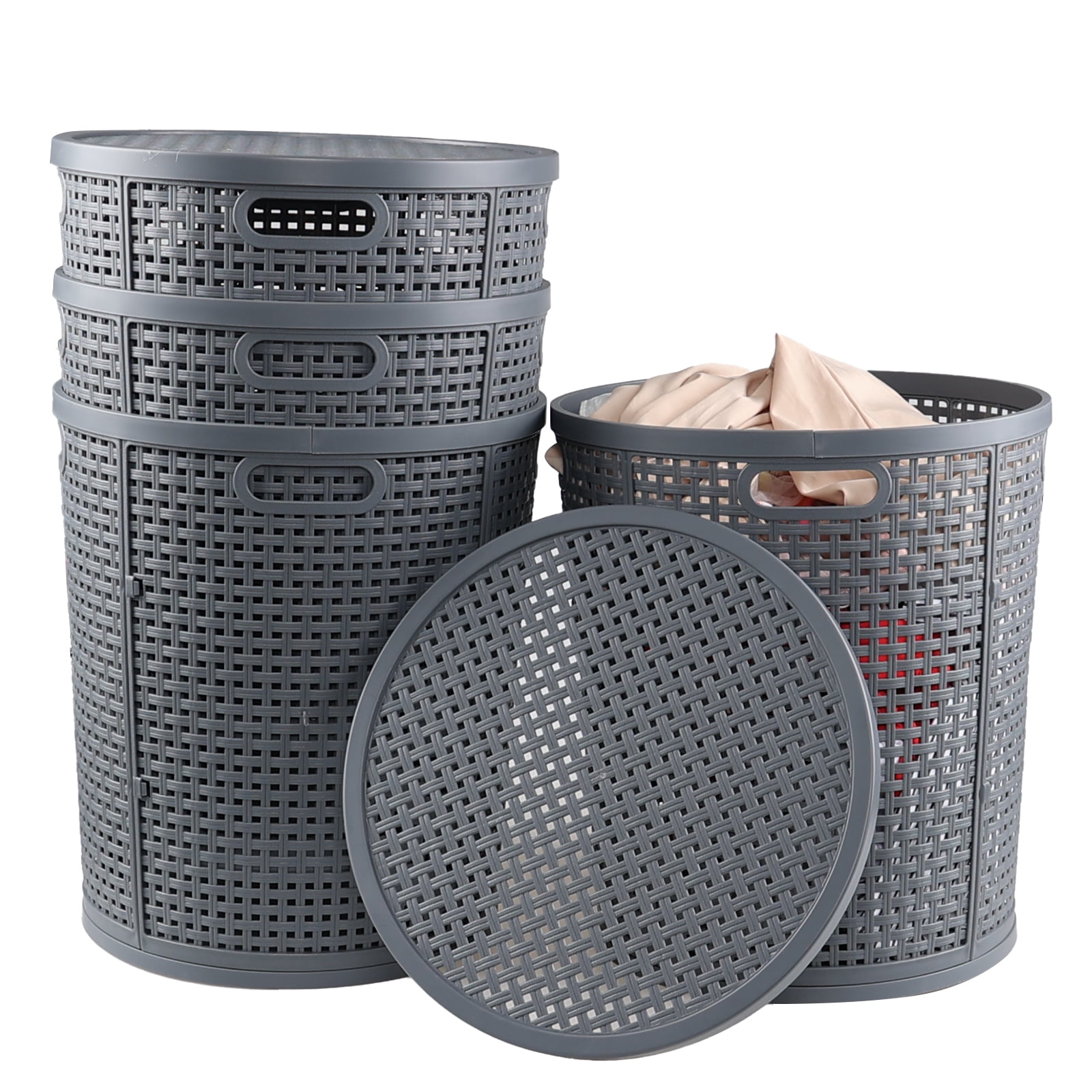 Qqbine 4 Packs 40 Liter Round Plastic Laundry Baskets, Grey Plastic