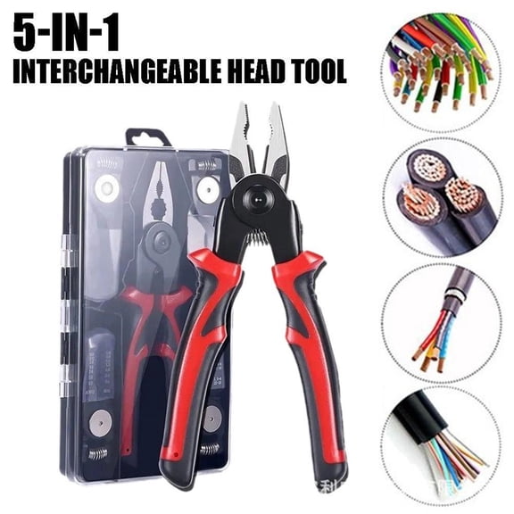 Qqyida 5-in-1 Multi-Function Pliers with Interchangeable Heads, Heavy Duty High Carbon Steel Tool Kit, Dual Color PVC Handle for Electricians and Mechanics, Wire Stripper Cutter and Crimper