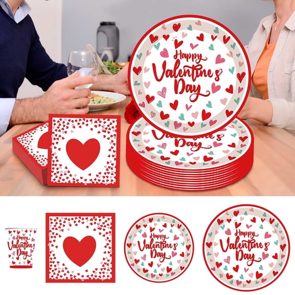 Qqyida 80 Piece Valentine's Day Disposable Party Tableware Set, Themed Heart Print Paper Plates Cups Napkins, Decorative Dining Supplies, 80 PCS Paper Collection for 20 Guests