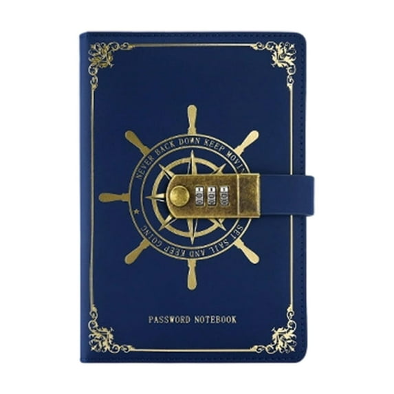 Qqyida A5 Password Lock Notebook, Vintage Journal Diary, Metal Code Lock Book, with Card Slot & Bookmark for Office & School, Secure Writing Notepad, Blue