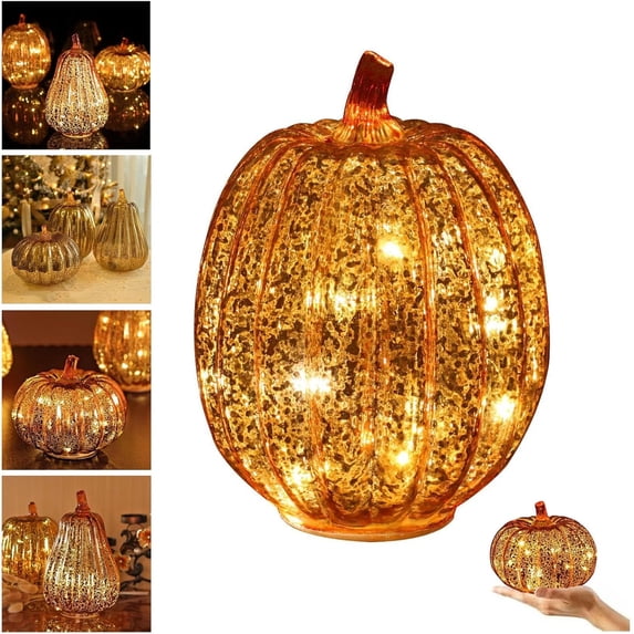 Qqyida Glass Pumpkin LED Night Light, Halloween Decorative Lantern, Autumn Festival Illuminator, Glass Material Timer Function Feature, for Fall Halloween Christmas Decor, Sparkling Pumpkin Lamp, B