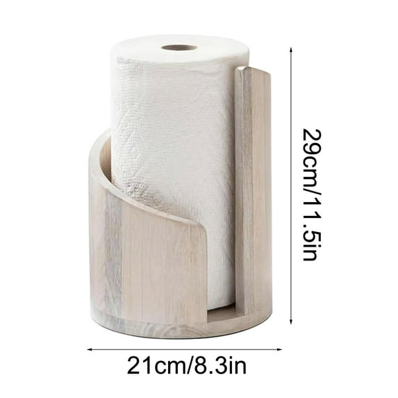 Qqyida Wooden Paper Towel Holder Countertop, One Handed Tear Dispenser Stand, Natural Wood and Iron Base, 1 Piece Freestanding Design Sturdy Construction, for Kitchen and Bathroom Convenience, White