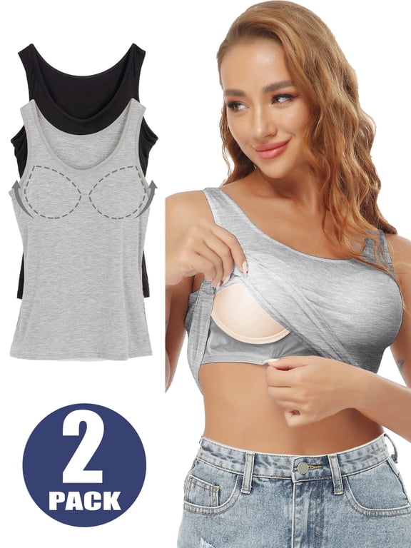 2 Pieces Women's Basic Wide Strap Tank Top Round Neck Cami With Built-in Shelf Bra