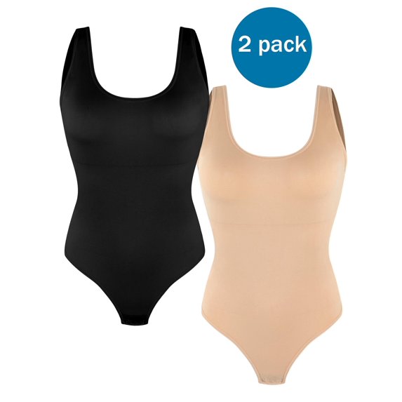 Qric Backless 2 Pack Bodysuit Slimming Shapewear for Women Tummy Control Overbust Body Shaper Black Beige L