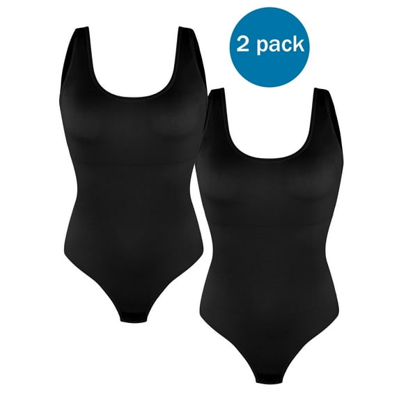 Qric Backless 2 Pack Bodysuit Slimming Shapewear for Women Tummy Control Overbust Body Shaper Black M