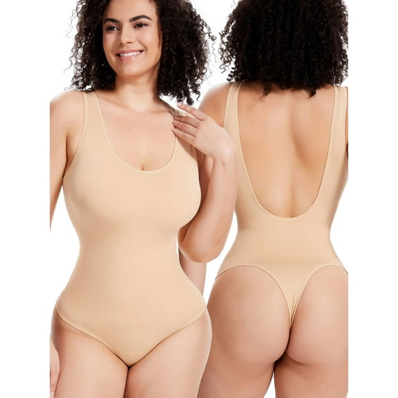 Qric Backless Bodysuit Slimming Shapewear for Women Tummy Control Overbust Body Shaper Beige S