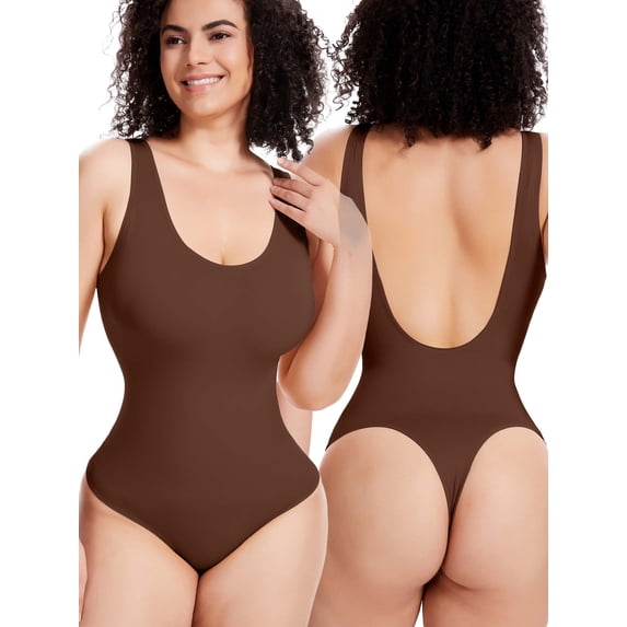 Qric Backless Bodysuit Slimming Shapewear for Women Tummy Control Overbust Body Shaper Brown S
