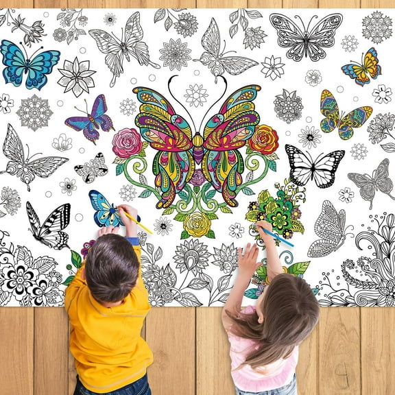 Qrieeo 43.3x31.5 Butterfly Coloring Poster with Picture, Giant Butterfly Painting Poster, Large Coloring Tablecloth for Classroom Home Birthday Party Supplies Favor, Paper Table Cloth for Coloring