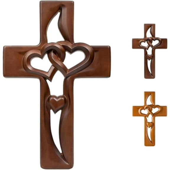 Qrieeo 9.8 Inch Hand-Carved Intertwined Hearts Wooden Cross, Handmade Wood with Intertwined Hearts, Vintage Style Hanging Hand Carved Marriage Cross for Wall Decor (1PCS-A)