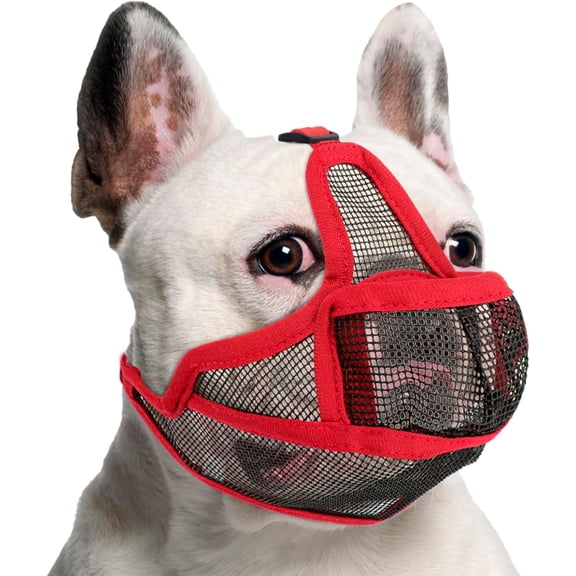 Qrieeo Dog Muzzle, Breathable Mesh French Bulldog Muzzle Full Pant Muzzles for Pitbull, Soft Flat Face Dog Muzzles for Pug Prevent Biting Allow Pant & Drink