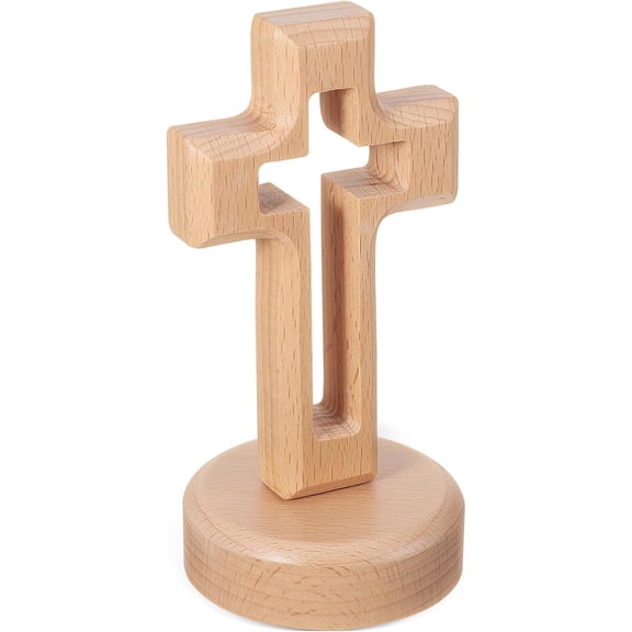 Qrieeo Standing Wood Cross Decor with Base, Rustic Table Centerpiece Crucifix Ornament Wooden Hollow Jesus Cross Magnetic Table Crucifix for Home Christian Catholic Religious Alter