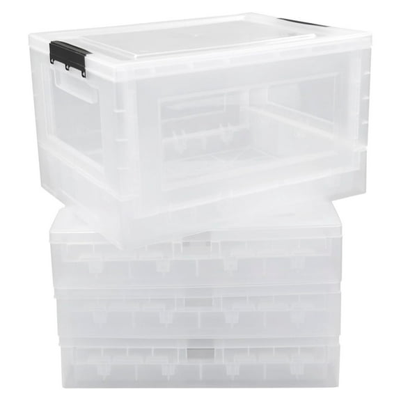 Qskely 30 L Clear Plastic Collapsible Storage Crate, Folding Storage Box with Lid, 4-Pack