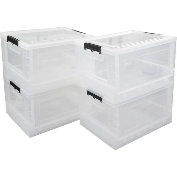 Qskely 30 L Clear Plastic Collapsible Storage Crate, Folding Storage Box with Lid, 4-Pack
