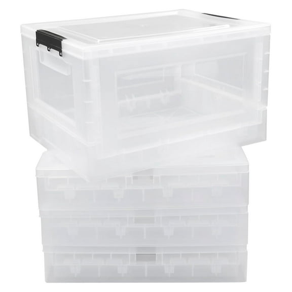 Qskely 30 L Clear Plastic Collapsible Storage Crate, Folding Storage Box with Lid, 4-Pack