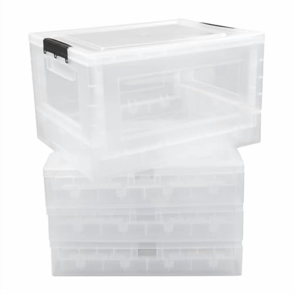 Qskely 30 L Clear Plastic Collapsible Storage Crate, Folding Storage Box with Lid, 4-Pack