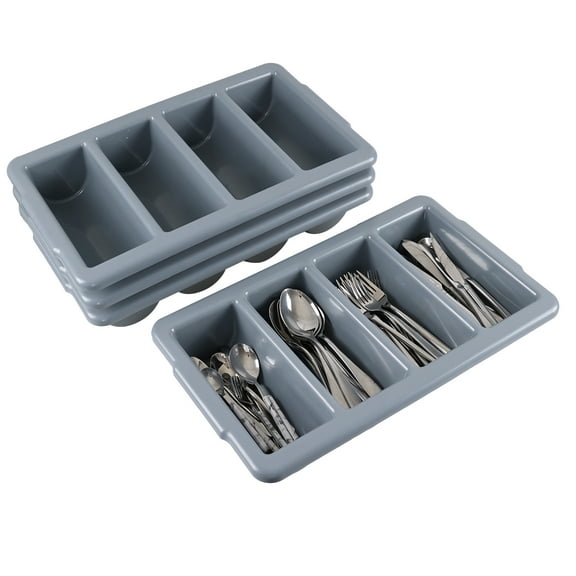 Qskely 4-Compartment Plastic Cutlery Bin, Set of 4 Commercial Silverware Bin Organizer, Gray
