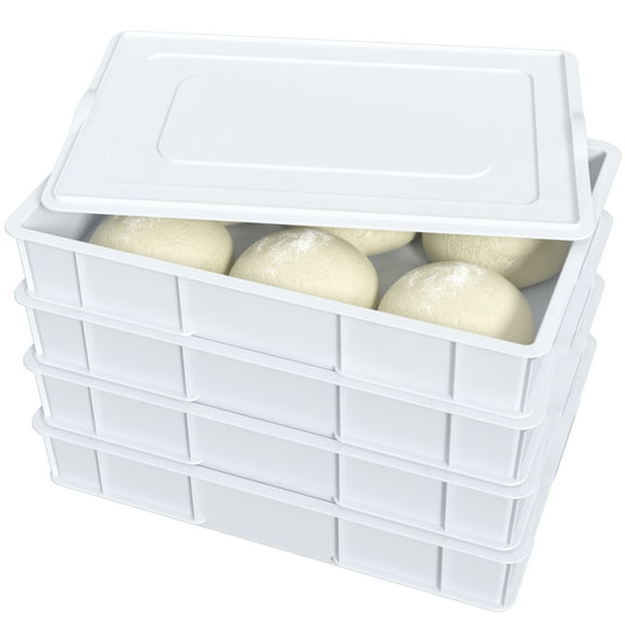 Qskely 4 Pack Commercial Pizza Dough Proofing Box with Lid, Plastic Stackable Pizza Proofing Dough Trays, 23.62" x 16.42" x 3.74", White