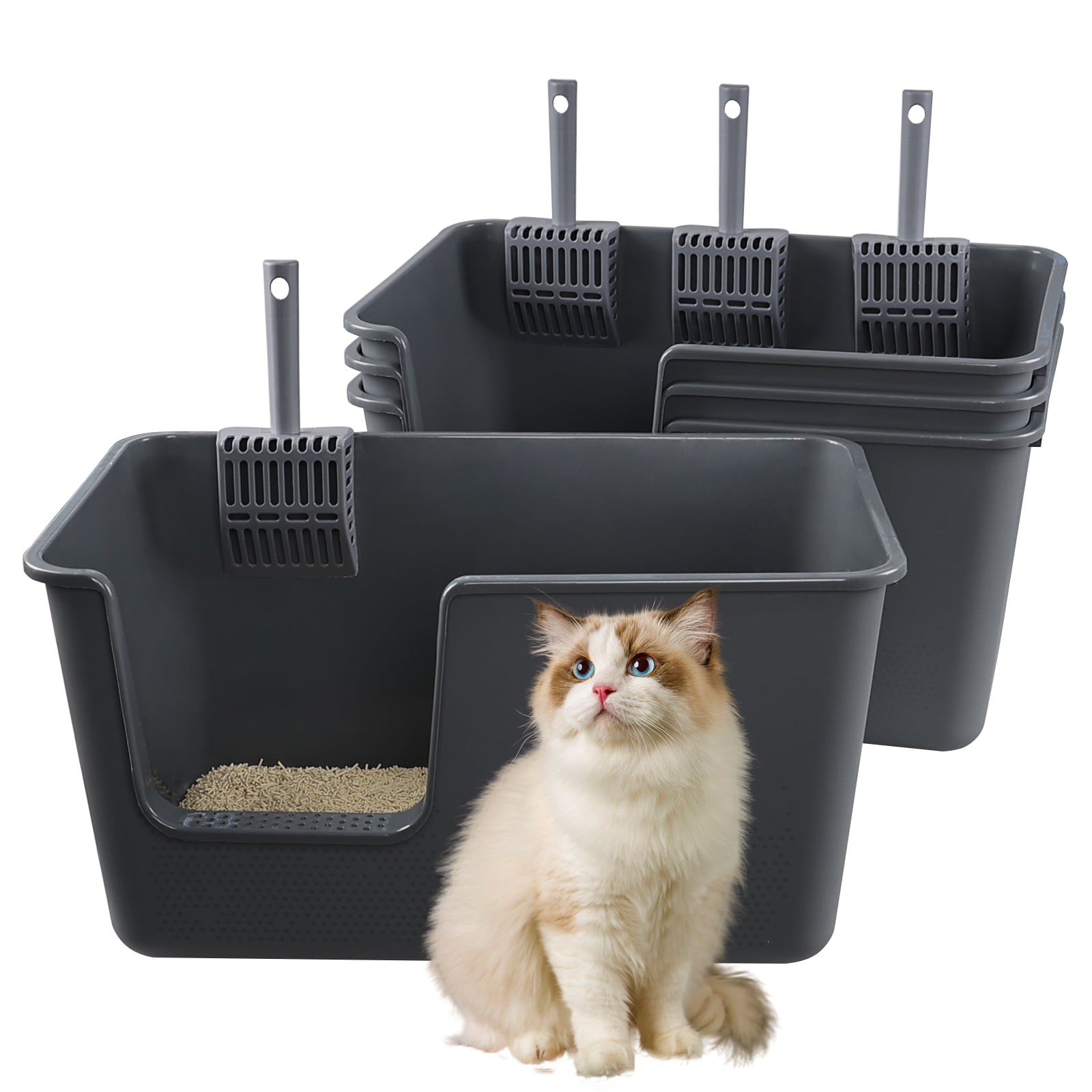 Qskely 4-Pack Large Open High Sided Cat Litter Box, Anti-Splashing Kitty Litter Box with Scoop, Gray
