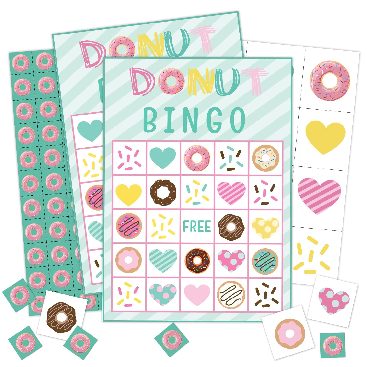 Qssfdgg Donut Bingo Cards, 24 Player Sweet Party Bingo Game for Family Adult, Donut Party Favor, Large Group Party Celebration Activity -10 C65