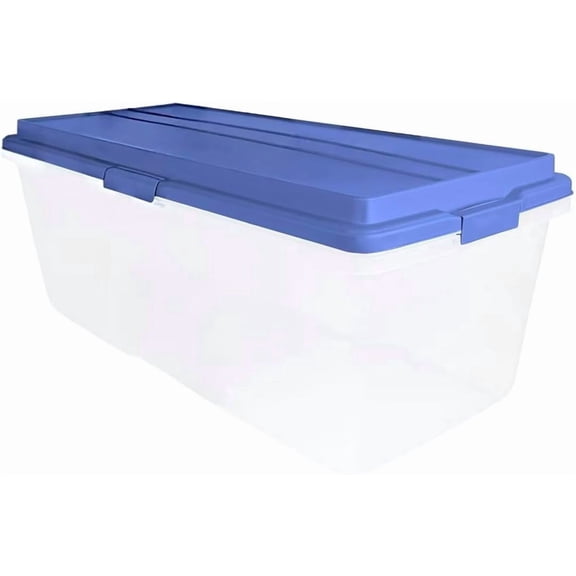Qt Clear Stackable Latching Storage Bin with Smoke Blue Lid, Large Storage Bins with Lids, 36x16.8x14.2 Inches for Home & Garage Organization