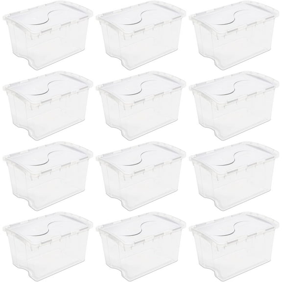 Qt Hinged Lid Storage Box, Stackable Bin With Lid, Plastic Container To Organize Home, Office, Basement, Clear With White Lid, 12-Pack