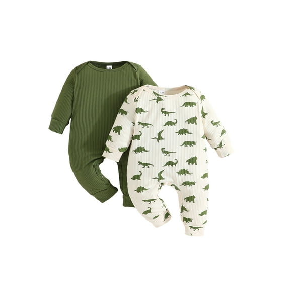 Qtinghua 2Pcs Pack Newborn Infant Baby Boy Jumpsuit Long Sleeve Dinosaur Print Romper Spring Autumn Clothes