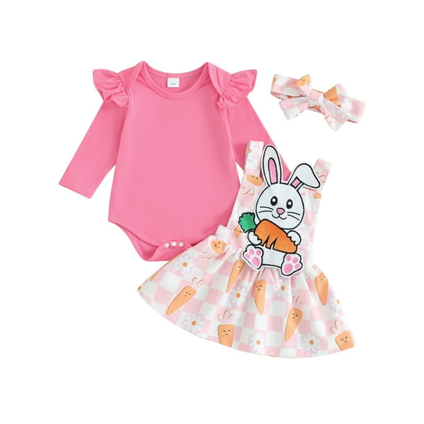 Qtinghua 3PCS Newborn Baby Girls Easter Outfits Long Sleeve Romper with Rabbit Overall Dress Headband Set Pink 3 6 Months Walmart Business Supplies