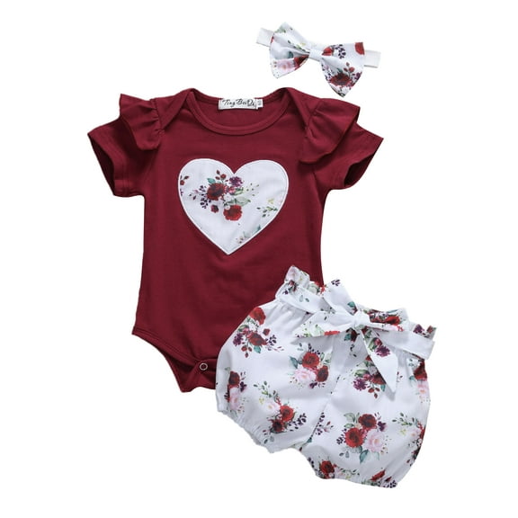Qtinghua 3Pcs Cute Infant Baby Girl Summer Shorts Set Ruffle Short Sleeve Romper Jumpsuit Floral Shorts Headband Outfits Purplish Red 0-6 Months