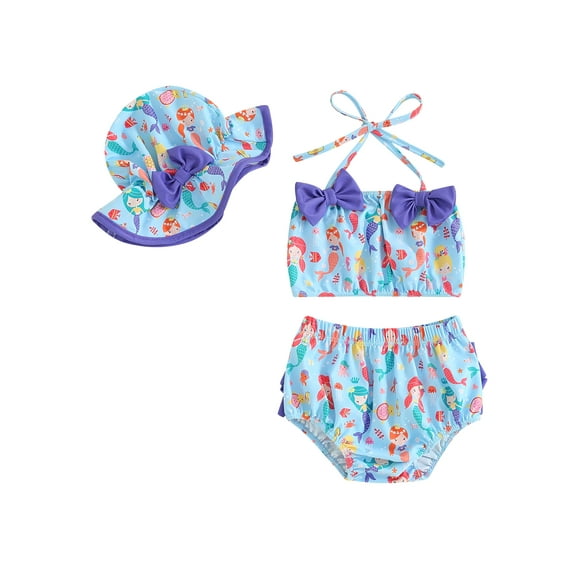 Qtinghua 3Pcs Infant Toddler Baby Girls Swimsuit Strawberry/Mermaid Print Bikini Set Bathing Suit Beach Wear Blue 0-3 Months