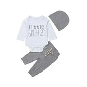 Qtinghua 3Pcs Newborn Baby Boy Clothing Little Brother Romper Bodysuit + Long Pants + Hat Outfits Gray 0-3 Months