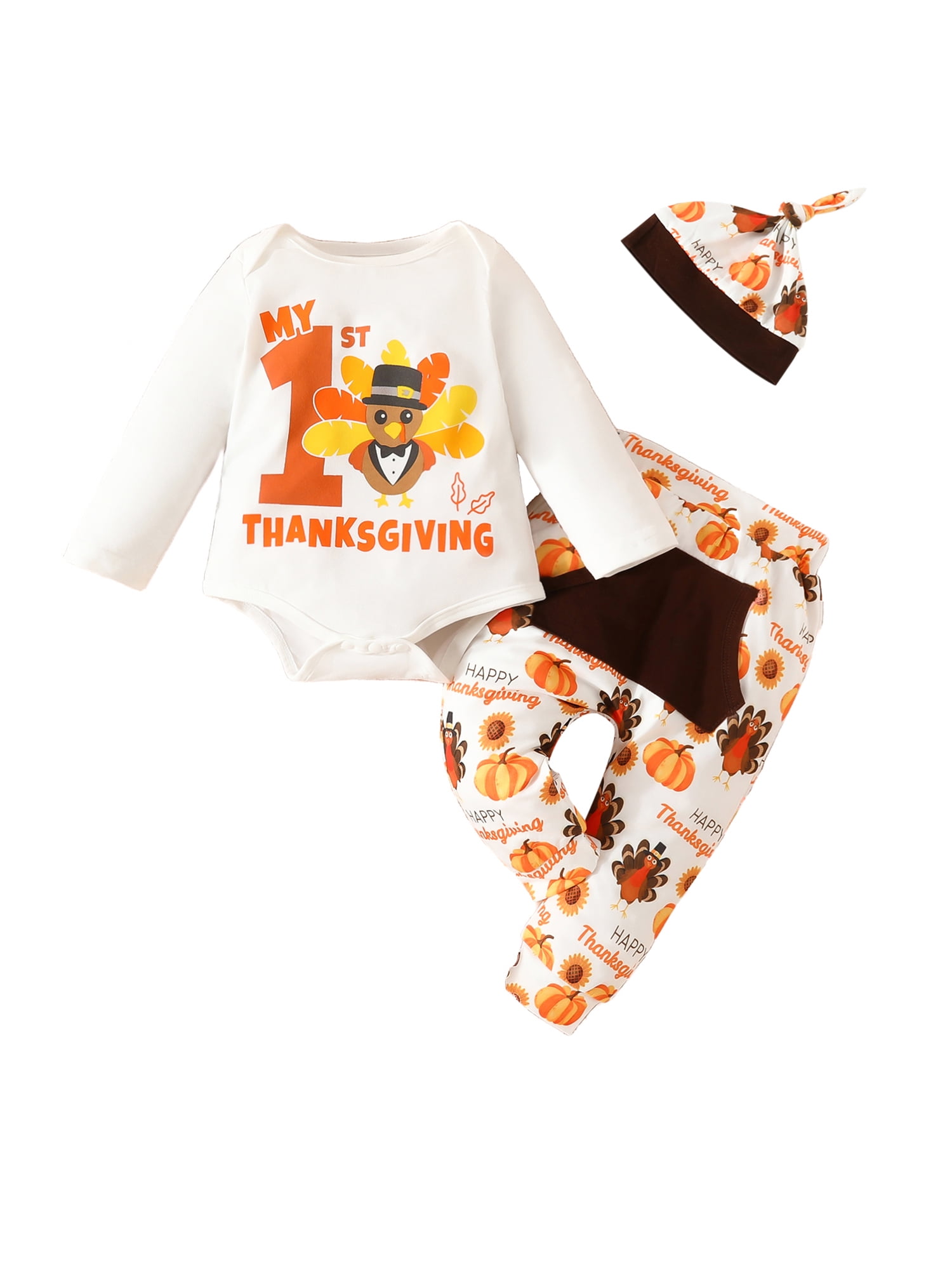 Qtinghua 3Pcs Newborn Baby Boy Thanksgiving Outfits Turkey Print Long Sleeve Romper and Pants Hat Fall Clothes White 3 6 Months