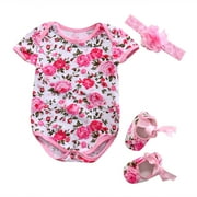 Qtinghua 3Pcs Newborn Baby Girls Clothes Short Sleeve Romper Leopard Floral Jumpsuit Bodysuit+Shoes+Headband Set Pink 0-3 Months