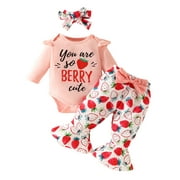 Qtinghua 3Pcs Newborn Infant Baby Girls Fall Outfits Long Sleeve Romper+Strawberry Pants+Headband Clothes Pink 0-3 Months