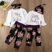 Qtinghua 3Pcs Newborn Toddler Baby Girls Matching Clothes Little/Big Sister Tops Romper Floral Pants Outfits Little Sister 6-12 Months