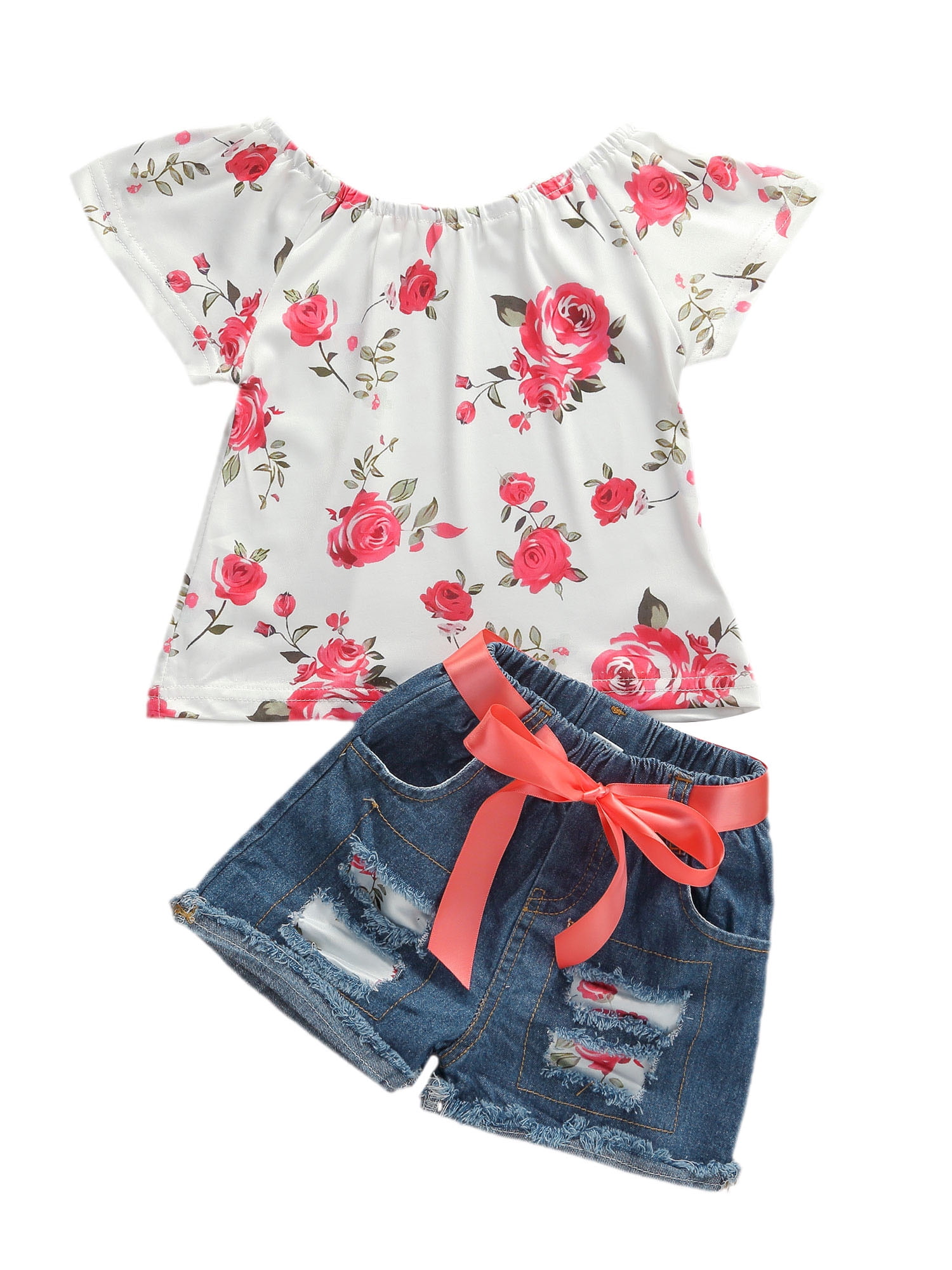 Qtinghua Baby Toddler Girls Floral Short Sleeve Tops T-Shirt Vest Denim Shorts Set Kids 1T 2T 3T 4T 5T 6T Clothes Summer Outfits Pink 2-3 Years