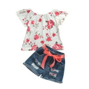 Qtinghua Baby Toddler Girls Floral Short Sleeve Tops T-Shirt Vest Denim Shorts Set Kids 1T 2T 3T 4T 5T 6T Clothes Summer Outfits
