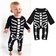 Qtinghua Halloween Newborn Infant Baby Boy Girl Skeleton Skull Long Sleeve Jumpsuits Romper Clothes Black 0-6 Months