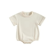 Qtinghua Infant Baby Boy Girl Short Sleeve Bubble Romper Oversized Romper Bodysuit One Piece Outfits Beige 0-6 Months